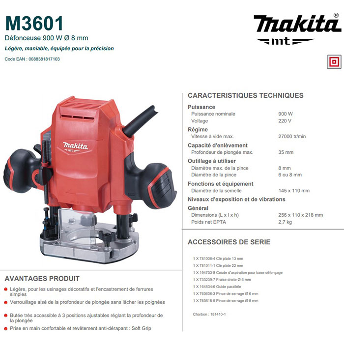 Défonceuse électrique Makita M3601 900W 8mm 240V